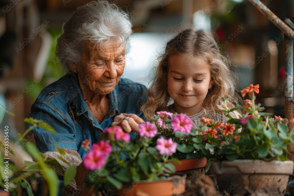 Upper body shot of a happy elderly lady and her grandchild engaging in planting petunias in a clay pot.. AI generated.