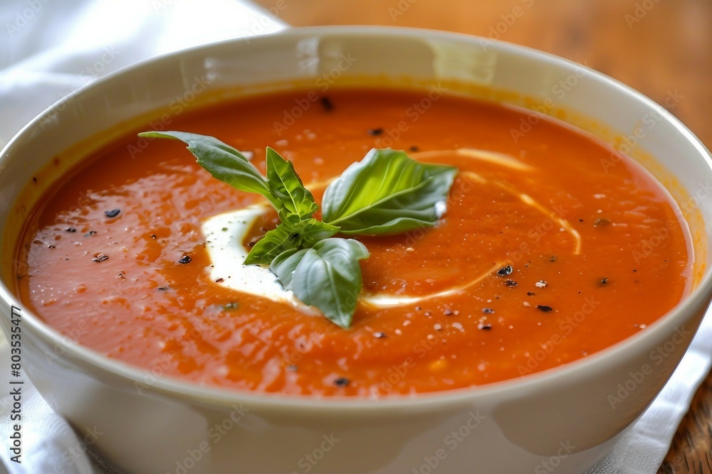 A close-up image of a bowl of rich and creamy tomato soup, topped with a dollop of cream and a fresh basil leaf. A close-up image of a bowl of rich and creamy tomato soup, topped with a dollop of cream and a fresh basil leaf.