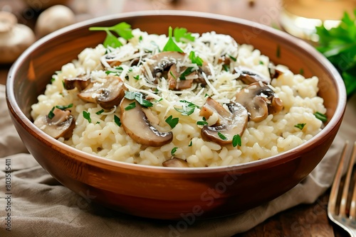 A close-up image of a creamy mushroom risotto in a brown bowl, garnished with parsley, suggesting a delicious meal.