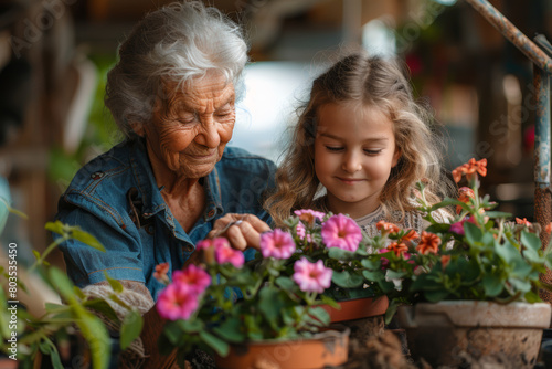 Upper body shot of a happy elderly lady and her grandchild engaging in planting petunias in a clay pot.. AI generated. © Petr