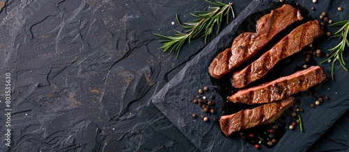 Grilled beef steak slices drizzled with balsamic vinegar and sprinkled with rosemary on a stone table, captured from a top perspective with space for text.