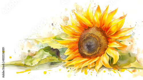 Beautiful sunflower with yellow petals and green leaves on a white background with splashes of paint. Imitation of a watercolor drawing.