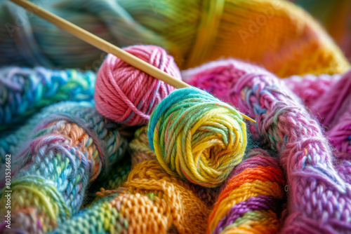 Pile of colorful yarn with knitting needles photo