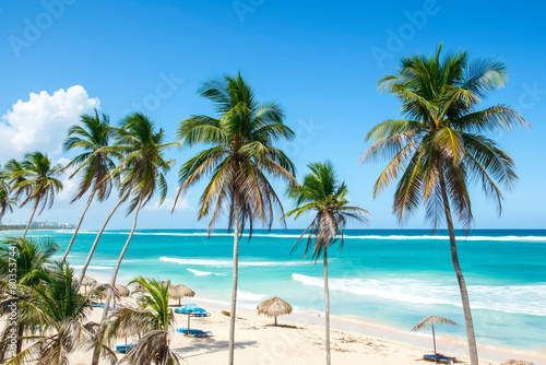 beach resort scene with palm trees  turquoise water  and people enjoying various activities