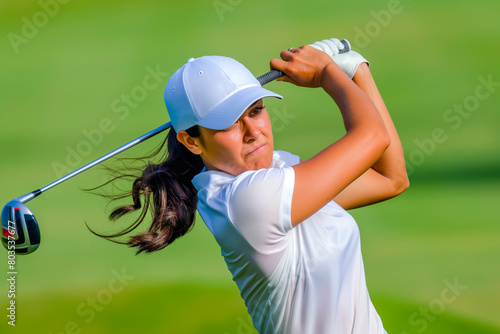 Beautiful professional woman golfer wearing sport wear in golf tournament on beautiful green course