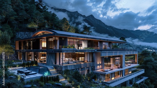 A modern house with a pool on a mountainside.