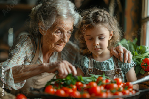 Upper body shot of an elderly lady and her grandchild preparing a family recipe in a cozy kitchen. AI generated.