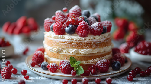 Delectable Layered Sponge Cake with Raspberries and Cream Frosting