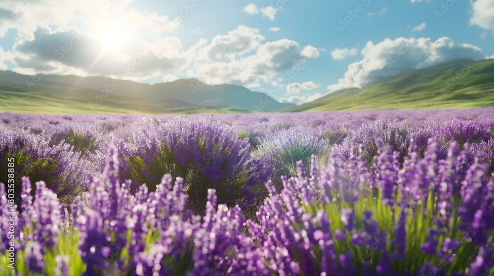Tranquil Lavender Field with Sunlight and Mountain Backdrop Tranquil Lavender Field with Sunlight and Mountain Backdrop