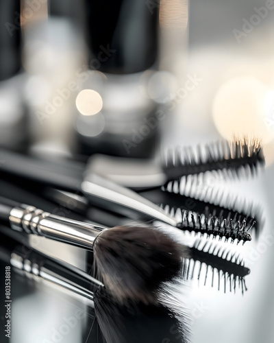 Close-up of Professional Makeup Brushes and Mascara Wands
