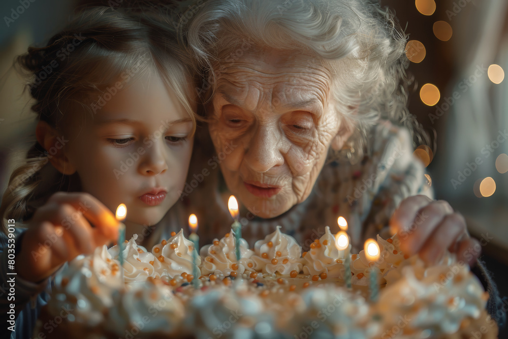 Naklejka premium Upper body shot of an elderly woman and her grandchild blowing out candles on a birthday cake. AI generated.