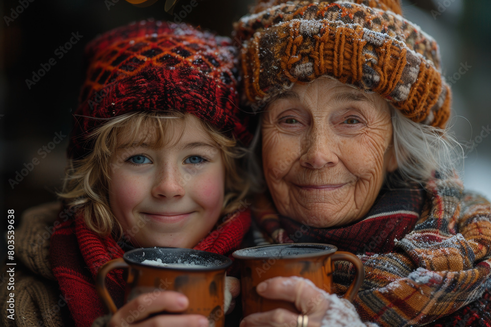 Upper body photo of an elderly woman smiling with her young grandchild, holding mugs of steaming hot cocoa on a snowy day.. AI generated.