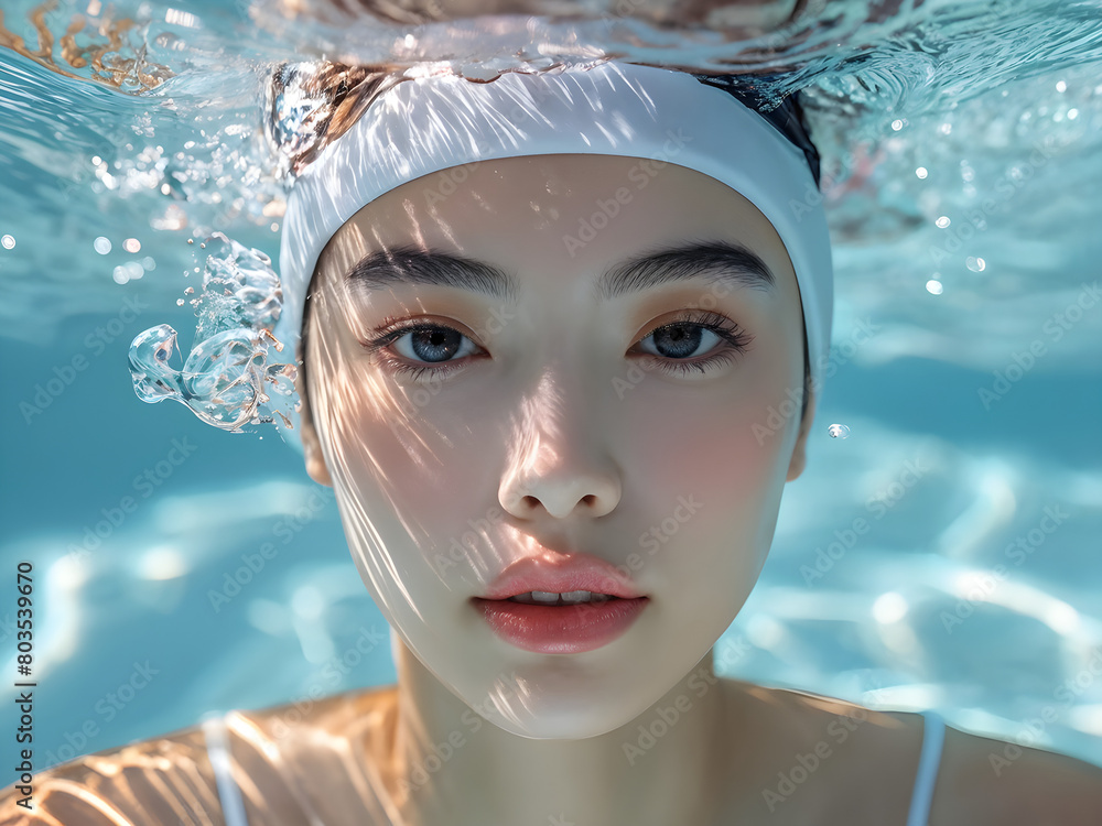 Streamlined Aquatic Style Swim Cap on Asian Swimmer, Hydrodynamic