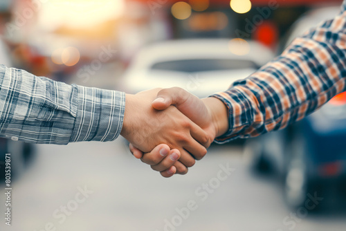 Customer shaking hand with auto insurance agents after agreeing to terms of insurance with blurred car on background photo