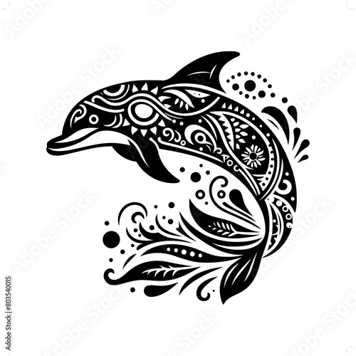 Dolphin silhouette in bohemian, boho, nature illustration