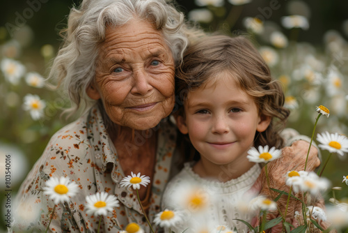 Upper body shot of a grandmother and her young granddaughter laughing together in a garden filled with white daisies.. AI generated.