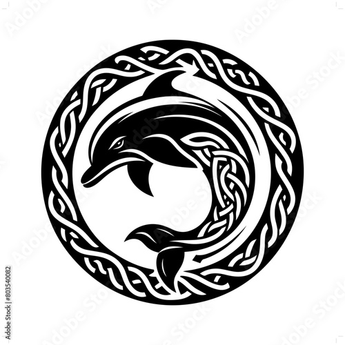 Dolphin silhouette in animal celtic knot, irish, nordic illustration