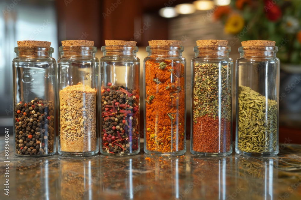 Jar of colorful spices on a kitchen counter Jar of colorful spices on a kitchen counter