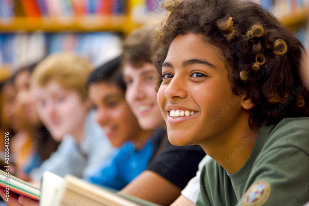 Diverse group of students studying together in a library or classroom Diverse group of students studying together in a library or classroom