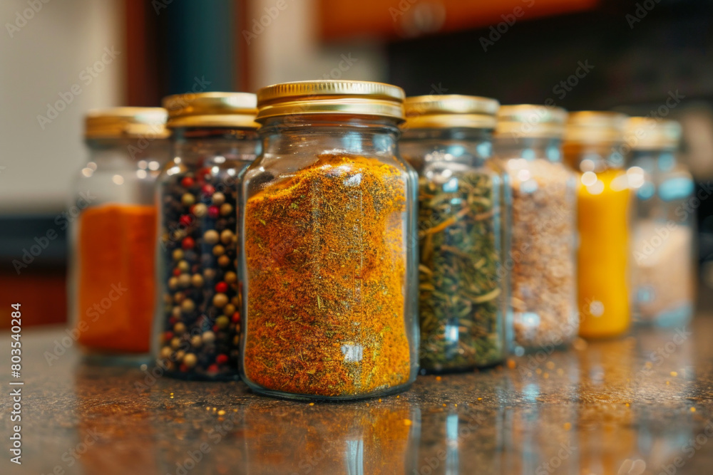 Jar of colorful spices on a kitchen counter Jar of colorful spices on a kitchen counter