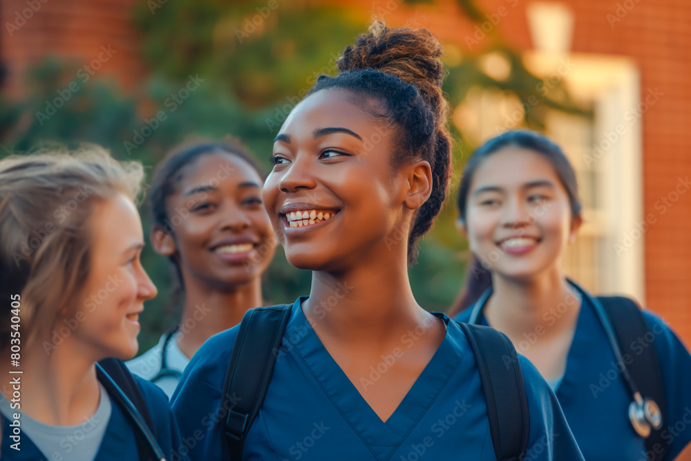 Diverse team of medical students young women in scrubs walk together on a university hospital campus Diverse team of medical students young women in scrubs walk together on a university hospital campus