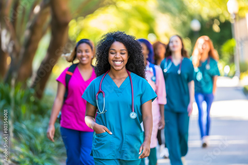 Diverse team of medical students young women in scrubs walk together on a university hospital campus