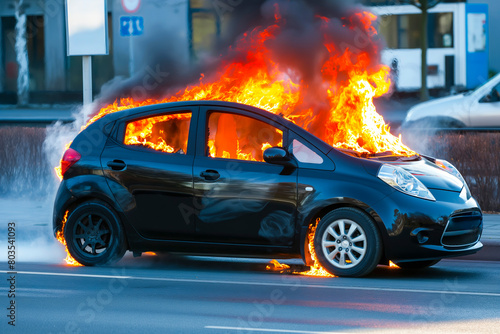 Electric car catches fire. Concept of fire hazard from electric vehicles