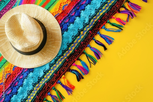 Mexican sombrero on colorful traditional serape on bright yellow background with copy space. Mariachi hat and striped poncho. Cinco de mayo festival. Hispanic heritage month. Flat lay  top view