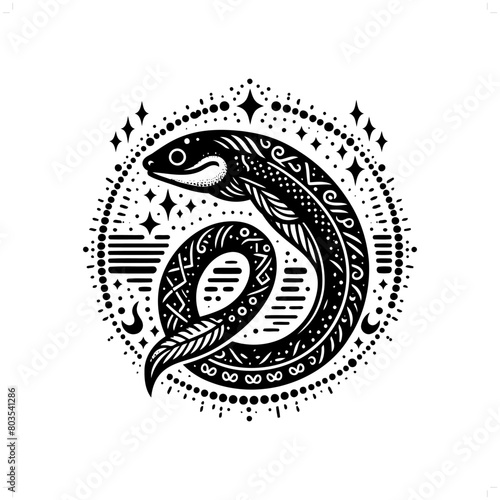 Eel silhouette in bohemian, boho, nature illustration