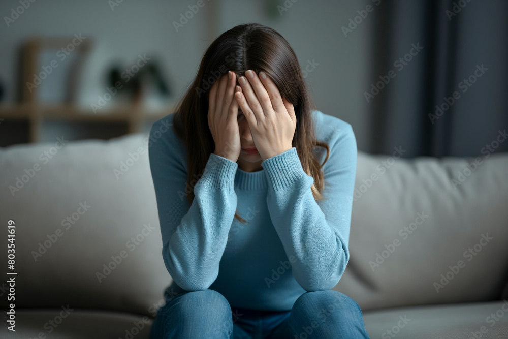 Exhausted mother covering her face in distress, Portrait woman in depression sitting on couch living room suffering from overwork and stress Exhausted mother covering her face in distress, Portrait woman in depression sitting on couch living room suffering from overwork and stress
