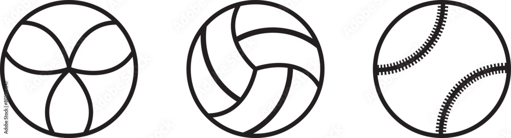 Icon balls, balls, volleyballs and base balls in black and white. Concept: sports, sports equipment