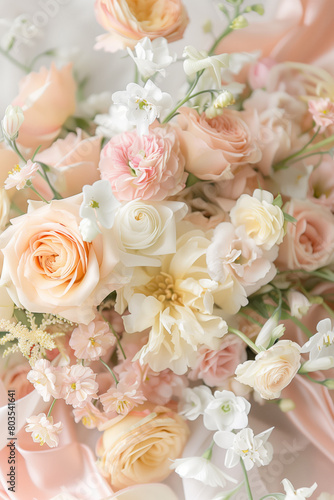 Beautiful wedding bouquet of light orange, beige, white and cream flowers with silk ribbons