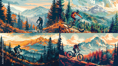 Vector - A detailed illustration of a biker navigating a challenging mountain trail amidst lush pine forests