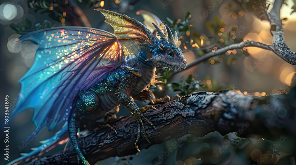 Dragon Fairy sitting on a tree branch.