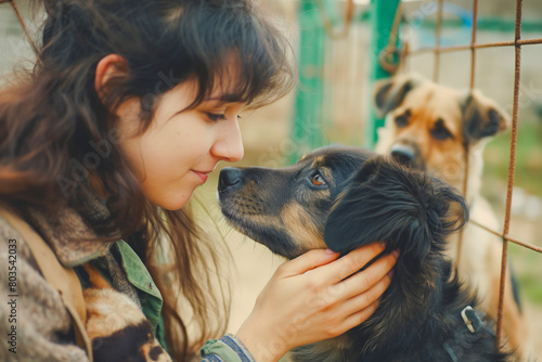 Female volunteer in uniform at animal shelter petting rescued dogs photo