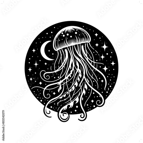 jelly fish silhouette in bohemian, boho, nature illustration
