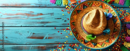 Mexican sombrero on blue wooden background with confetti and paper flags. Mariachi hat and striped poncho. Cinco de mayo festival. Hispanic heritage month. Flat lay, top view with copy space
