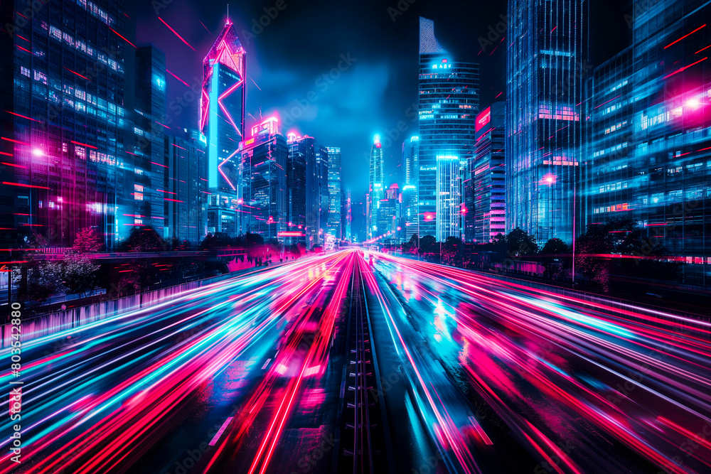 futuristic neon cityscape with skyscrapers representing financial districts