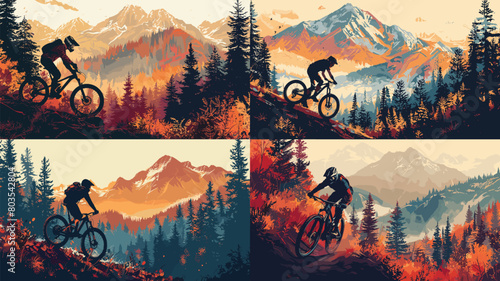 Vector - A detailed illustration of a biker navigating a challenging mountain trail amidst lush pine forests