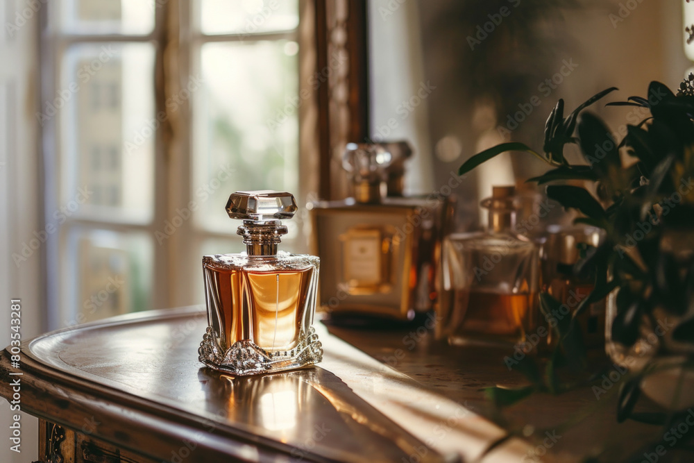 Elegant perfume bottle on a vanity table Elegant perfume bottle on a vanity table