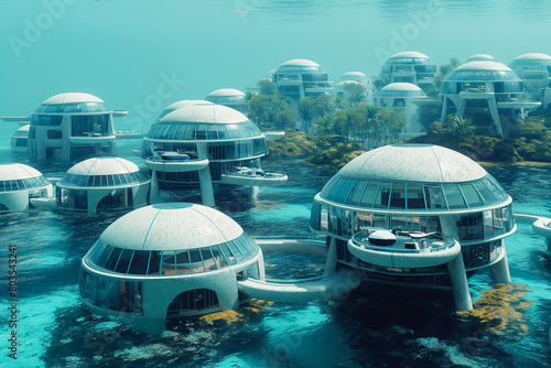 Futuristic underwater city with domed structures and underwater vehicles