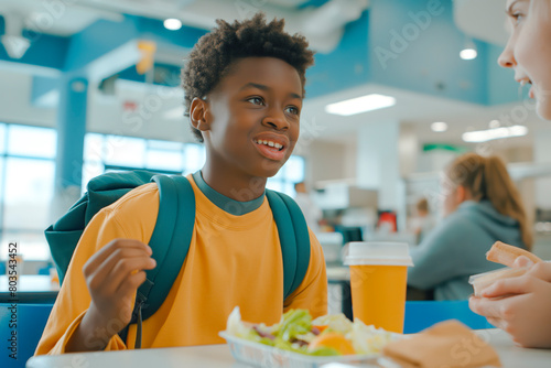 African American boy sitting in the school cafeteria eating lunch photo