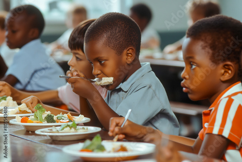 Group of african children sitting in the school cafeteria eating lunch photo