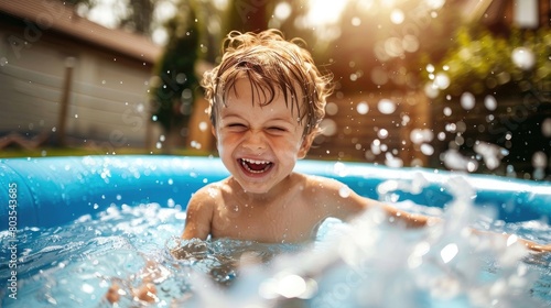 Joyful child playing in a backyard inflatable pool