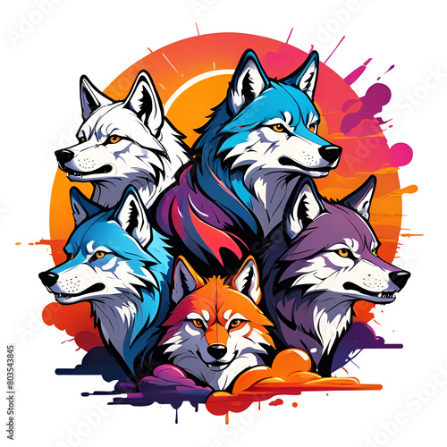 colorful wolfs cartoon  graffiti style
