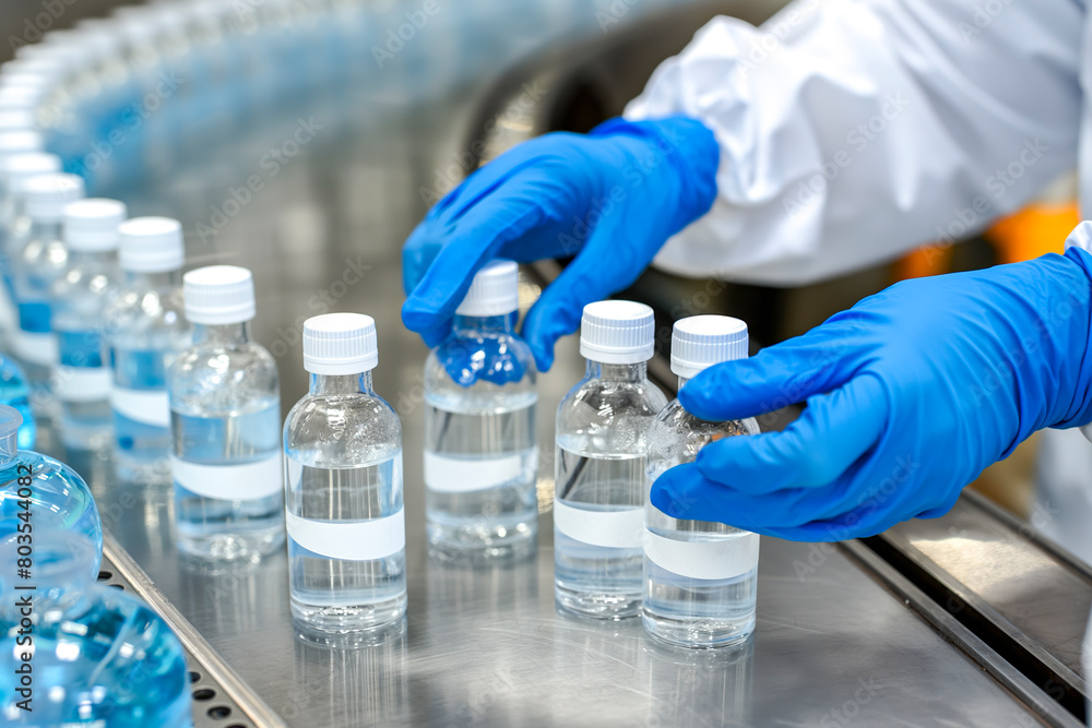 Hands of staff check Medical vials on production line at pharmaceutical factory. Healthcare and medical concept Hands of staff check Medical vials on production line at pharmaceutical factory. Healthcare and medical concept