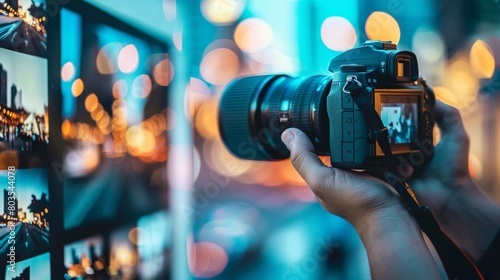 Visual technologies. camera in hands for capturing compelling photos and video monitoring