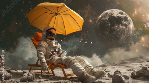 An astronaut in a spacesuit sunbathes sitting on a chaise longue under a sun parasol photo