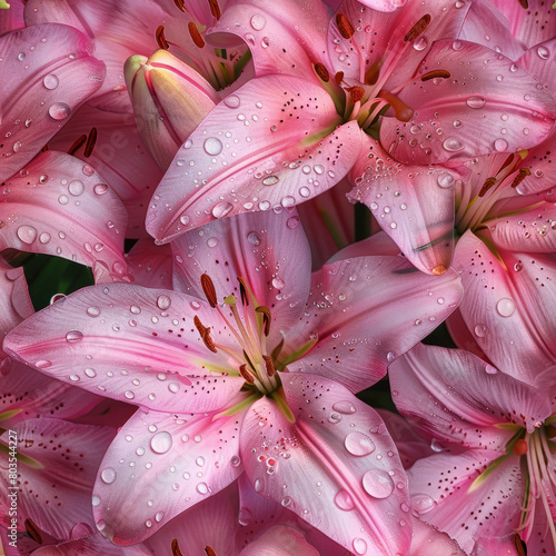 Seamless pattern of pink lilies close-up