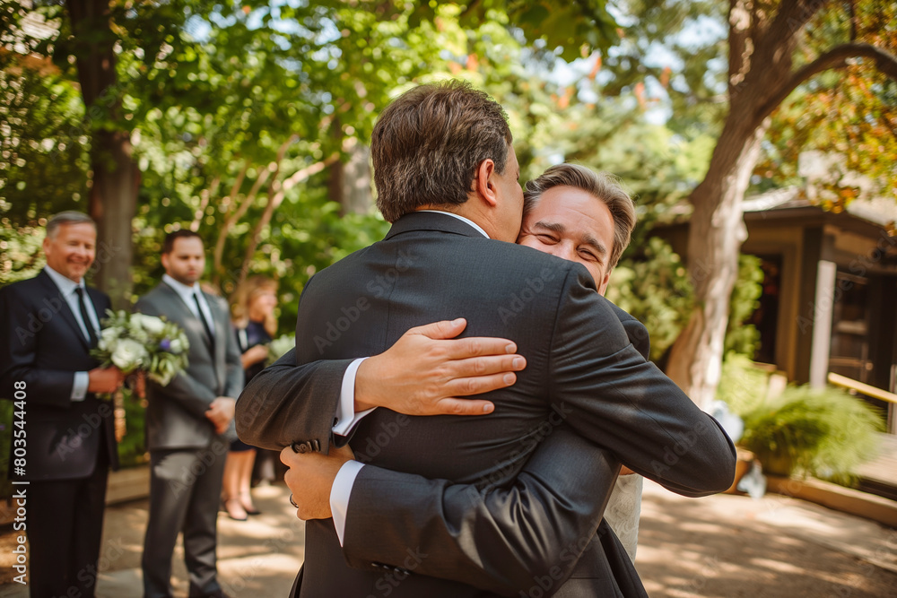 Handsome gay couple hugging in wedding suit enjoying the relationship with LGBTQ Handsome gay couple hugging in wedding suit enjoying the relationship with LGBTQ